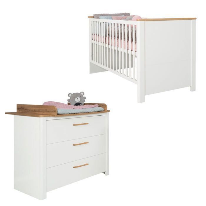 ROBA chambre B&eacute;b&eacute; Duo ""Ava"" - Lit 70 x 140 cm + Commode &agrave; langer - Blanc - Artisan Oak