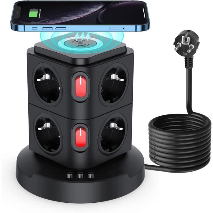 Multiprise TESSAN Tour 8 Prises + 3 Ports USB – Protection Surtension 300J – Câble 2m – Gris