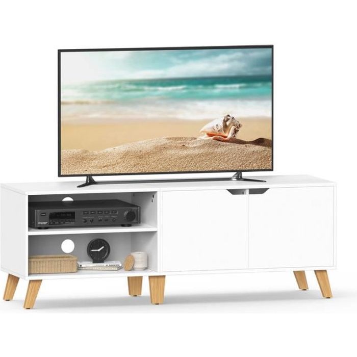 meuble tv 2 portes - vasagle - support télé avec étagères réglables - blanc