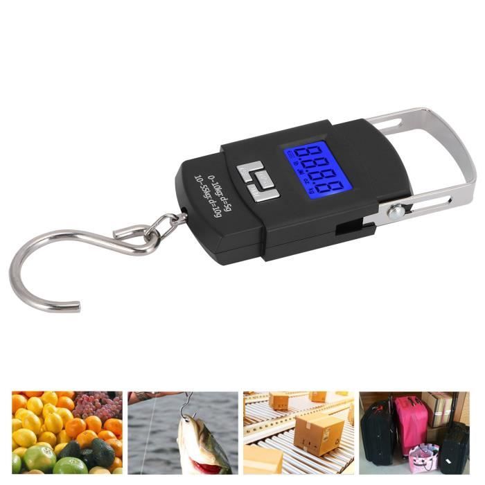 Balance à Poisson, Balance Portable à Cadran LCD Balance Électronique de Poids 110lb/50kg avec Ruban pour Sac à Provisions, Bagages, (Noir