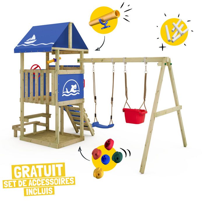 Wickey Aire De Jeux DinkyHouse - Tour De Grimpe, Toboggan Double Vague, Balançoire, Bâche Craies Incluses, Bois Massif 303x317x247 Cm