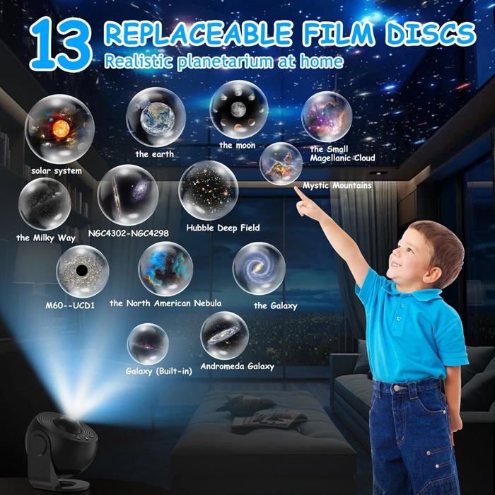 Projecteur Ciel étoilé Avec 13 Disques - Planetarium Pour Plafond, Rotation 360°, Minuterie - Cadeau Enfants Et Adultes