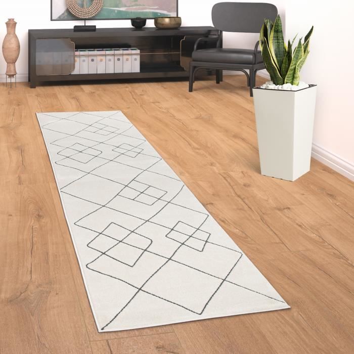 Tapis de couloir en jute naturel motifs losanges noirs Rowen - Tapis Chic