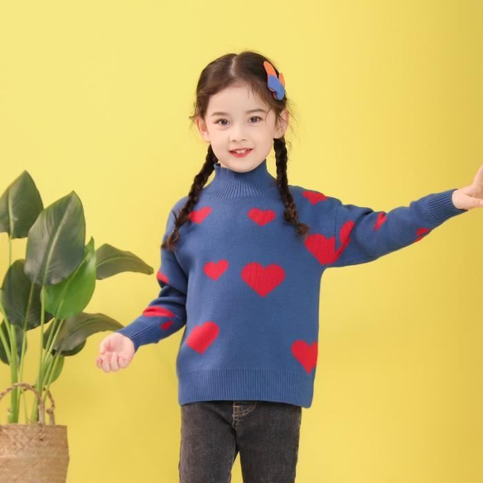 Pull Tricote Col Roule pour Enfant Fille Casual Manches Longues Chaud Imprime Coeur Hauts Chandail