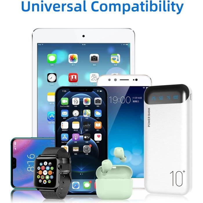 Power Bank Domars 6-en-1 - 10000mAh, 4 Ports USB-C - Charge Rapide Téléphone, Ordinateur Portable, Casque (Blanc)