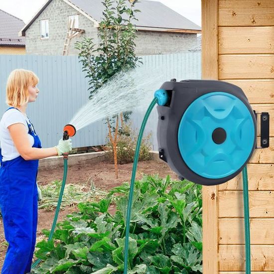 Dévidoir Mural Enrouleur Automatique Outsunny - Tuyau 10+1m Avec Lance, Pivot 180°, Support Mural Inclus - Vert
