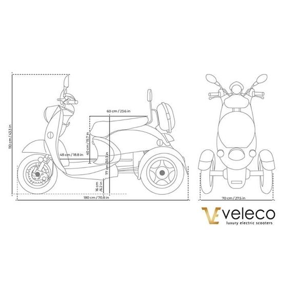 Scooter électrique 3 Roues VELECO ZT63 - 650W, Autonomie 50km, Neuf, Pour Adultes/seniors