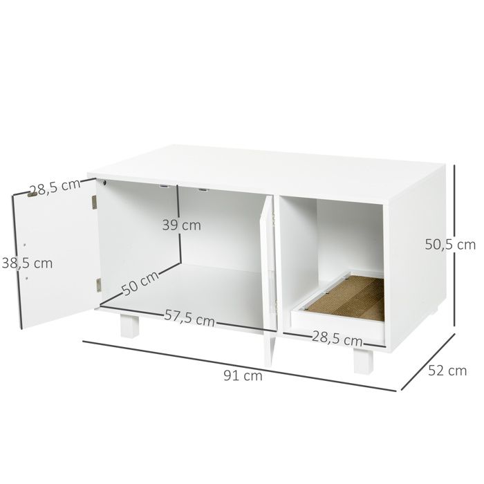 Meuble Cache Litière Chat PawHut - 2 Portes, Griffoir, Table D'appoint, Bois Blanc 91x52x50 Cm - 3