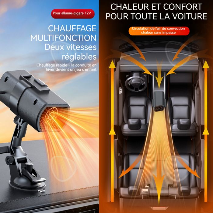 Chauffage Auto 12V 4 En 1 - Dégivreur, Désembueur, Chauffage Et Ventilateur - Rotation 360°, Inclinaison 90° - Pour Allume-cigare