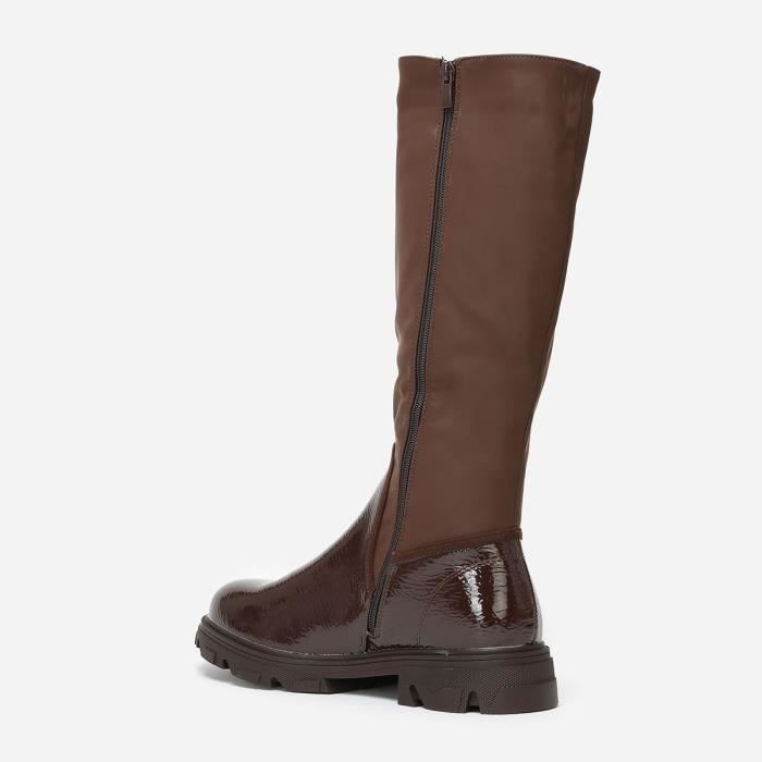 Bottes femme marron LA MODEUSE bi matieres talon carre et semelle crantee Marron Cdiscount Chaussures
