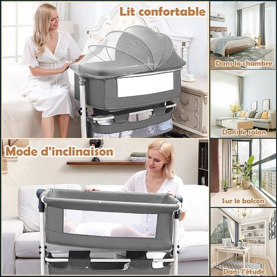 Berceau Bébé Inclinaison Réglable 95x50x98-110cm - Lit Cododo, 6 Hauteurs, Roues 360°, Moustiquaire, étagère, Gris Lin