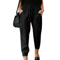Pantalon d'été femmes à cordon de serrage décontracté de couleur unie - Noir