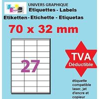 20 Planches de 27 étiquettes autocollantes 70 x 32 mm = 540 étiquettes adhésive Blanc Mat pour imprimante Feuilles A4 référence