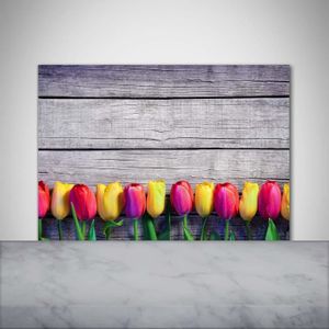 CREDENCE Tulup 100x70cm Crédence de cuisine sur verre sécurité:- Fleurs plantes - Tulipes Sur Le Bois - Multicolore