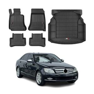 Tapis Sur Mesure Velours Pour Mercedes Classe C W203 (2001-2007) - Set 4 Pièces Noir | Antidérapant Et Talonnette Renforcée