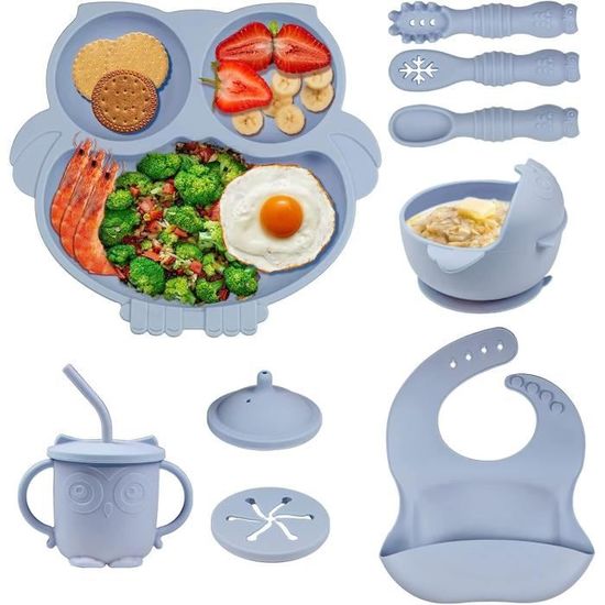 Coffret Repas Bébé 10 Pièces En Silicone - Assiette Ventouse, Bavoir, Couverts - Sans BPA - Cadeau Pratique