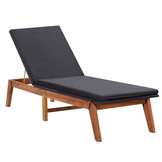 Chaise longue bain de soleil extérieur Fauteuil Relax transat lit et coussin Résine tressée et bois d'acacia massif