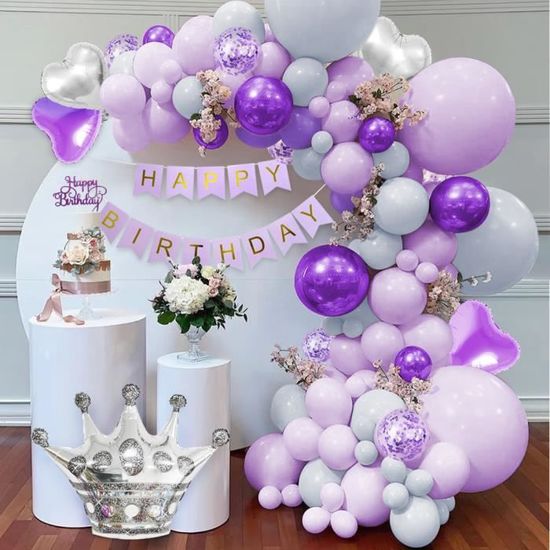 Décorations anniversaire violet, MMTX Kit guirlande arc ballons violet  pastel bannière HAPPY BIRTHDAY ballon gris violet macaron - Cdiscount Maison