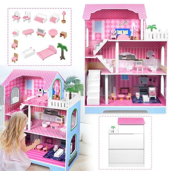 Maison De Poupée En Bois Rose 70x60x24 Cm – 3 étages Avec Meubles Et Accessoires