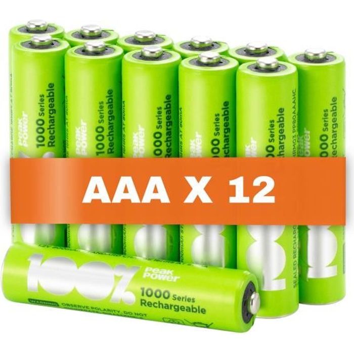 Piles rechargeables AAA - Lot de 12 piles - 100% PEAKPOWER - Batteries AAA LR3 rechargeables 1.5v MiNH 800 mAh - Pré-Chargées
