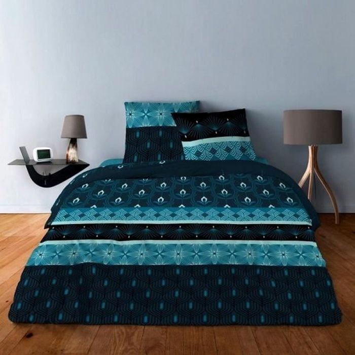 Housse de couette Art deco bleu 240x260 + 2 taies carrées 65x65