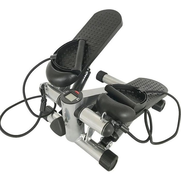 MINI STEPPER FITNESS MARCHEUR JAMBES CORPS AVEC 2 CORDES ELASTIQUES L'AFFICHAGE A LCD - NOIR ET GRIS