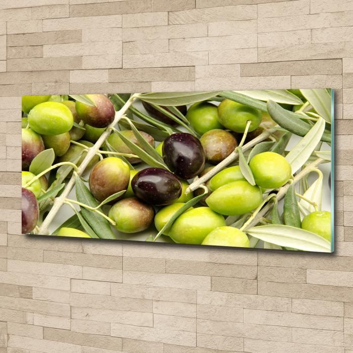 Tulup 125x50cm Tableau sur verre acrylique- Nourriture boissons - Olives Fraîches - Vert