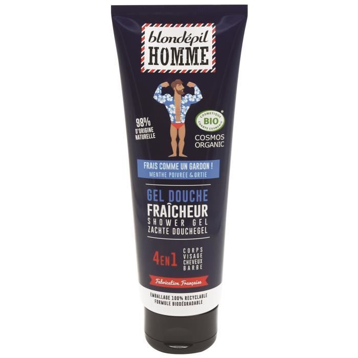 BLONDEPIL HOMME Homme Gel douche Fraîcheur 4 en 1 - Pour corps, cheveux, visage et barbe - Certifié Bio Cosmos** - 250 ml