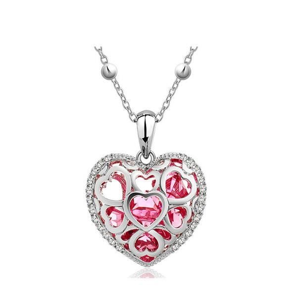 Pendentif Coeur Rose en Cristal de Swarovski Elements et Plaqué Rhodium