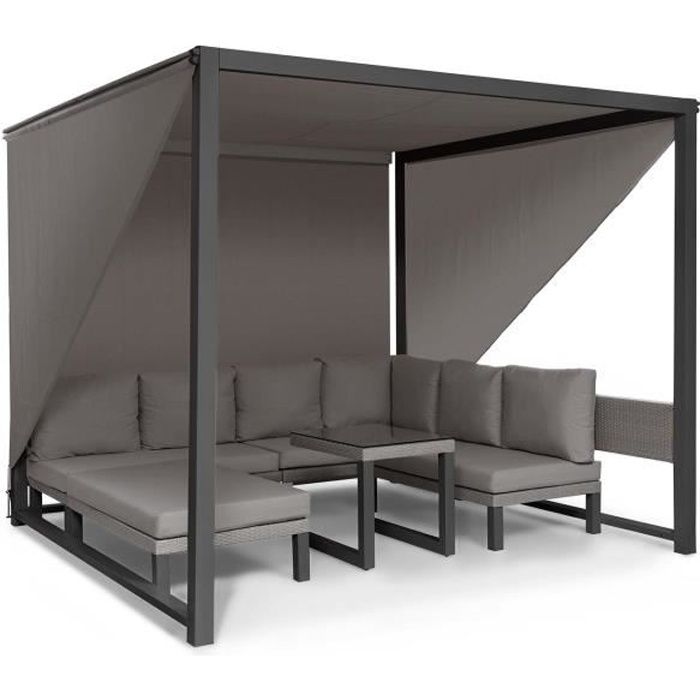 Blumfeldt Havanna Combiné Pavillon de jardin 270 x 230 x 270cm & salon lounge pour 8 personnes - Polyrotin & polyester - Gris