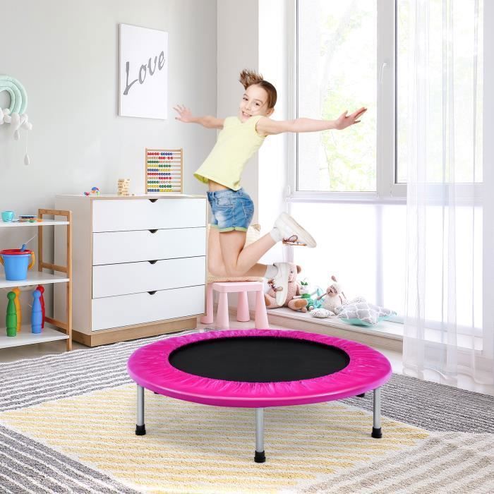COSTWAY Trampoline de Fitness Pliable Enfant Ø95,5CM Charge Max 150KG avec 32 Ressorts avec Boucle Housse de Protection en PVC Rose