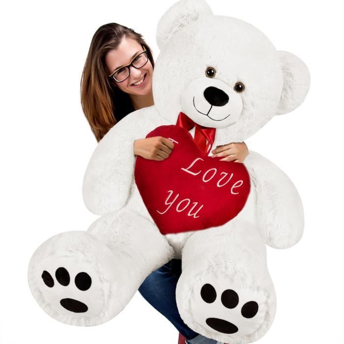 Ours en peluche XXL blanc avec coussin en forme de coeur grand nounours jouet cadeau