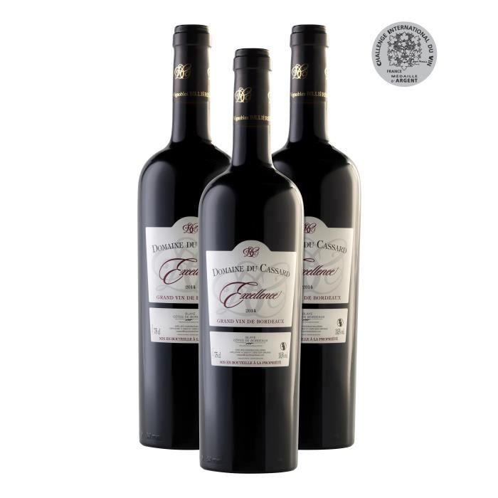 Lot de 3 Bouteilles - Vin Rouge Blaye Côtes de Bordeaux Domaine du Cassard - Cuvée Excellence- Médaille d'Argent