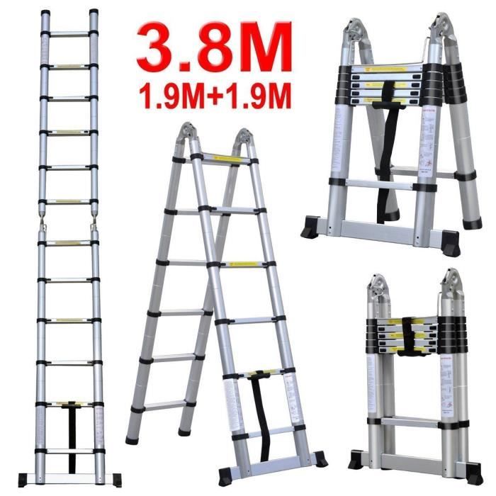 Échelle Télescopique en Aluminium 3,8M Multi-usage Multifonctionnelle Pliable