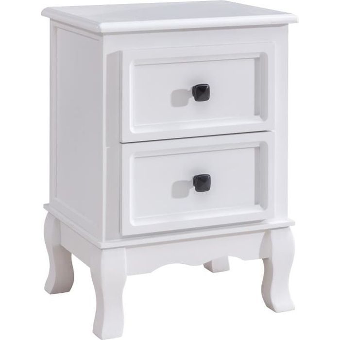 Table de chevet ELEGANTE petite commode de nuit avec 2 tiroirs style shabby chic baroque moderne, en bois de paulownia blanc