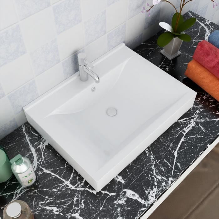 Vasque poser en céramique Rectangulaire Blanche 60 x 46 cm lavabo Haute qualité salle de bains