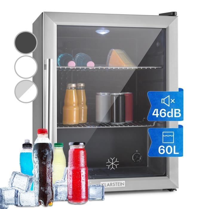 Mini frigo - Klarstein - 60 L - Réfrigérateur pose libre- Frigo - pour boisson - LED - Mini bar - 3 à 10 °C - Porte vitrée - Gris