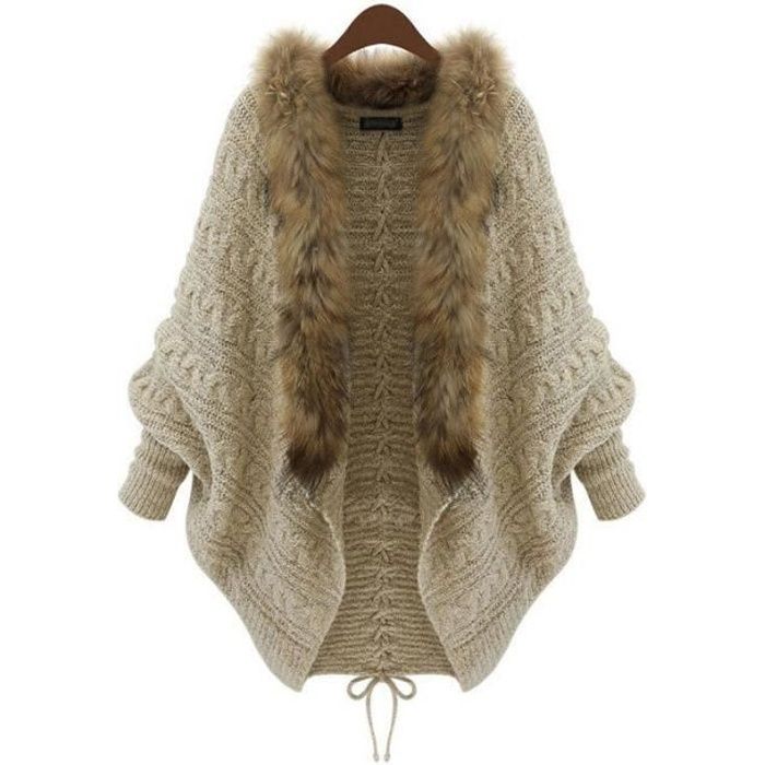 Cape Femme Tricotée Col de fourrure Grande Taille Mode Chandail Shawl Épaissie Chaud Hiver Taille Unique