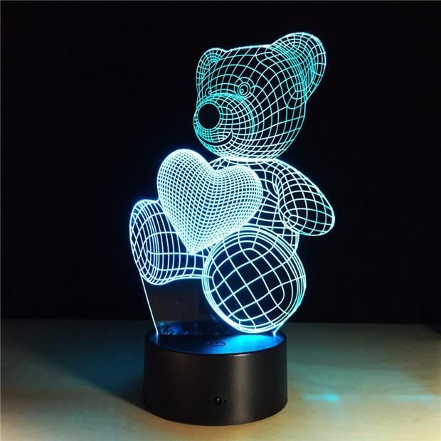 cartoon joli coeur acrylique lampe led 3d bébé ours forme d'éclairage de nuit à dormir