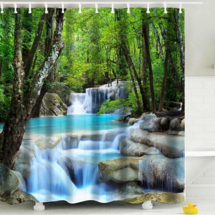 Rideau de douche ZEN L'eau bambous pierres fleur anneaux inclus 3D effect imperméable 180 x 200 cm