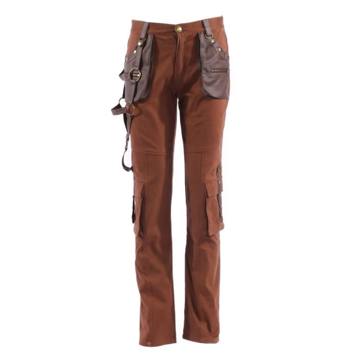 Pantalon marron pour homme avec sangles et poches imitation cuir, steampunk rqbl - taille homme