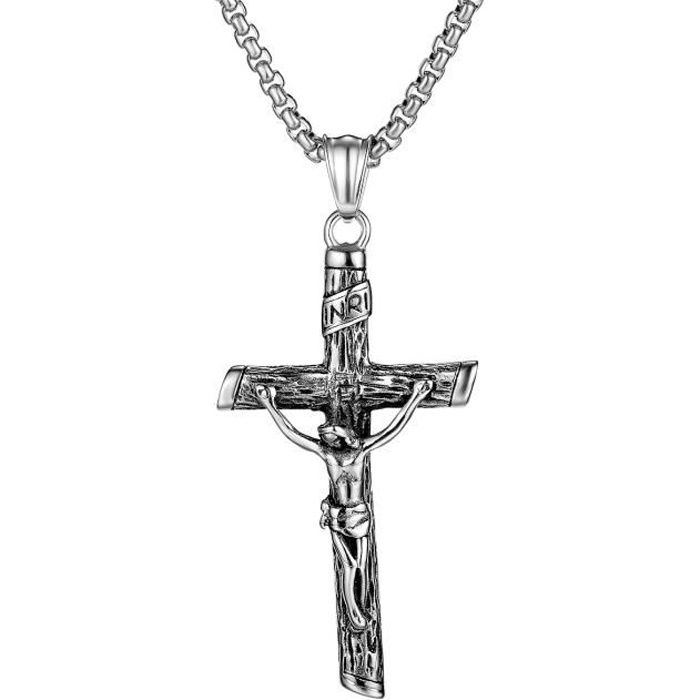 Bijoux Collier Hommes - Pendentif croix Jésus personnalisé en acier inoxydable un bon cadeau pour homme