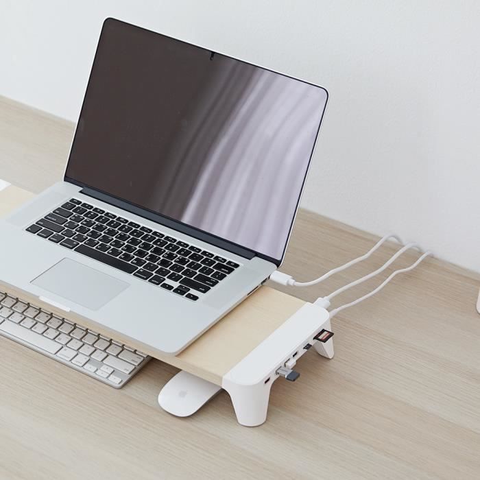 POUT - EYES7 Support d’écran d’ordinateur en bois design avec Hub de Chargement Rapide, Lecteurs de Cartes SD et MicroSD, Port USB 3