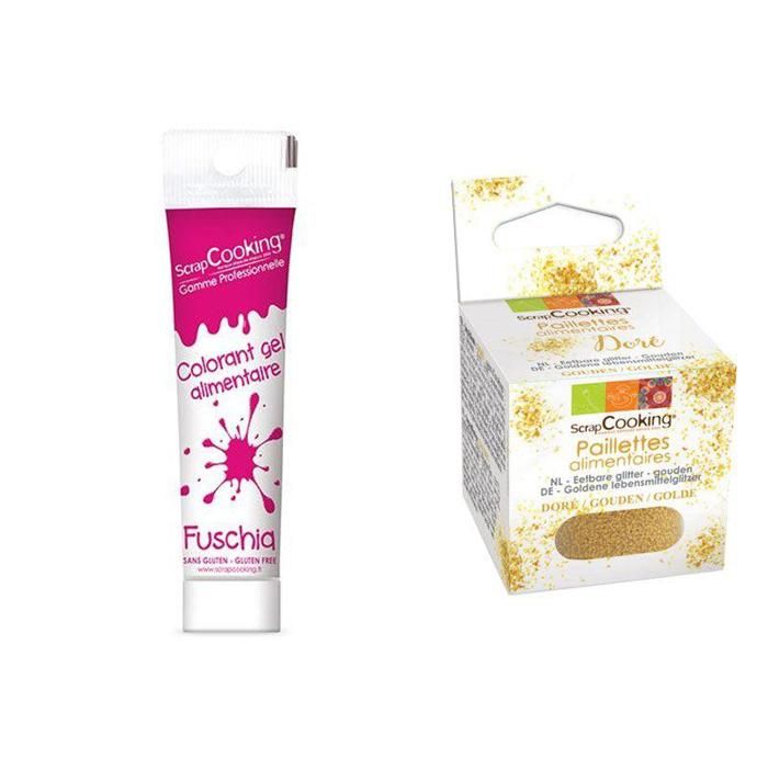 Colorant alimentaire en gel fuschia + paillettes dorées