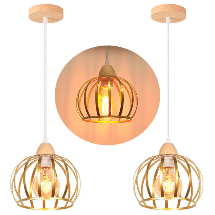 Lot de 2 Luminaires Suspension Industriel Moderne TOKIUS Lustre en Bois Métal Doré E27 Eclairage Pour Chambre Salon Salle à