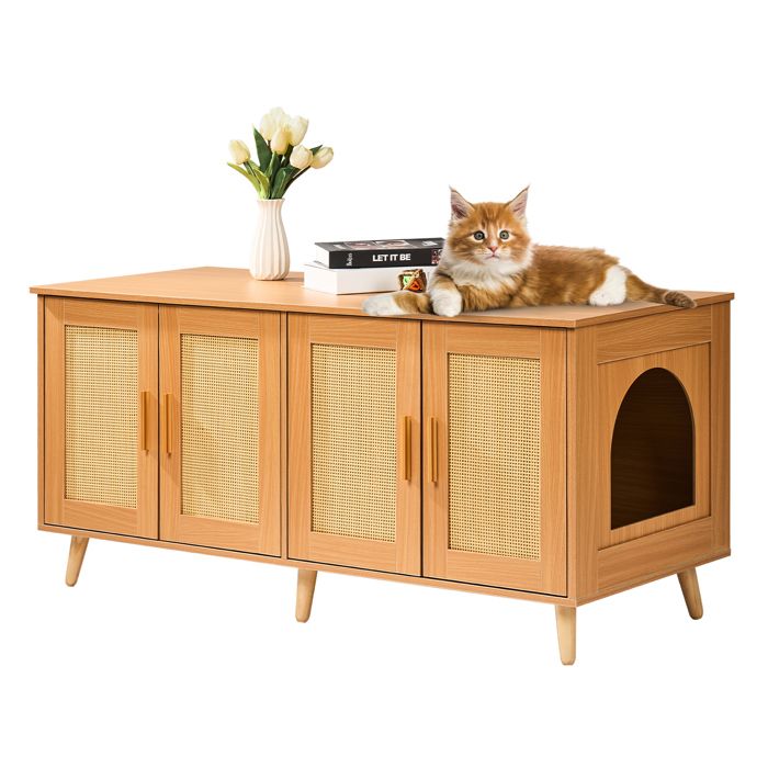 Meilleurs prix pour Vevor Bac à litière pour chat pour 2 chats, Meubles de bac à litière cachés par des portes décorées de rotin, 47,2 « L x 19,7 » L x 21,7 « H, Naturel