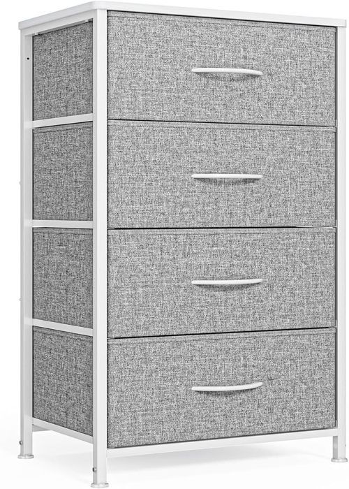 Commode 4 Tiroirs En Tissu Et Métal - Style Industriel Bois Gris - Rangement Pliable, Étagère Ouverte, Pour Chambre Ou Salon