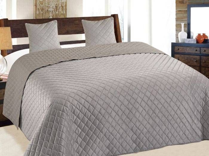 Couvre-Lit Quilt Matelassé avec 2 taies doreiller 40x40 cm- Gris Clair - Velours Amarante 180x220 cm