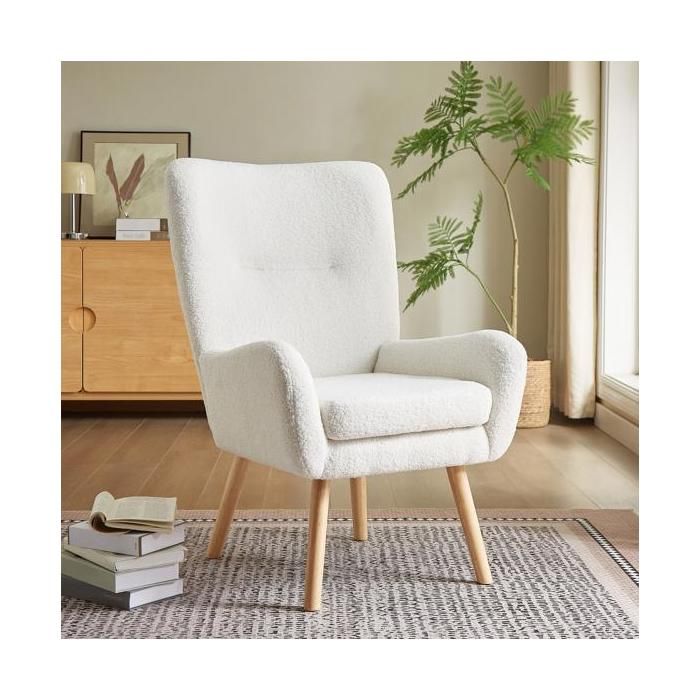 Fauteuil scandinave en tissu bouclette - SICAAN - Collection GAÏA - Blanc - Bois massif - Bois d’hévéa - Avec accoudoirs