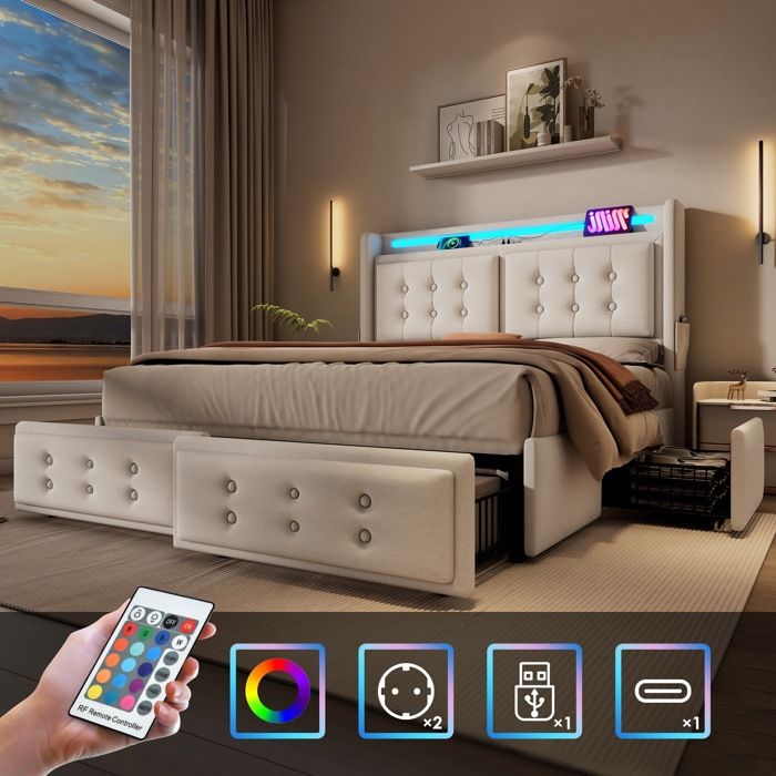 Lit capitonné 160x200 cm Lit double rembourré en coton lin avec éclairage LED ports USB 4 tiroirs et sommier à lattes - beige